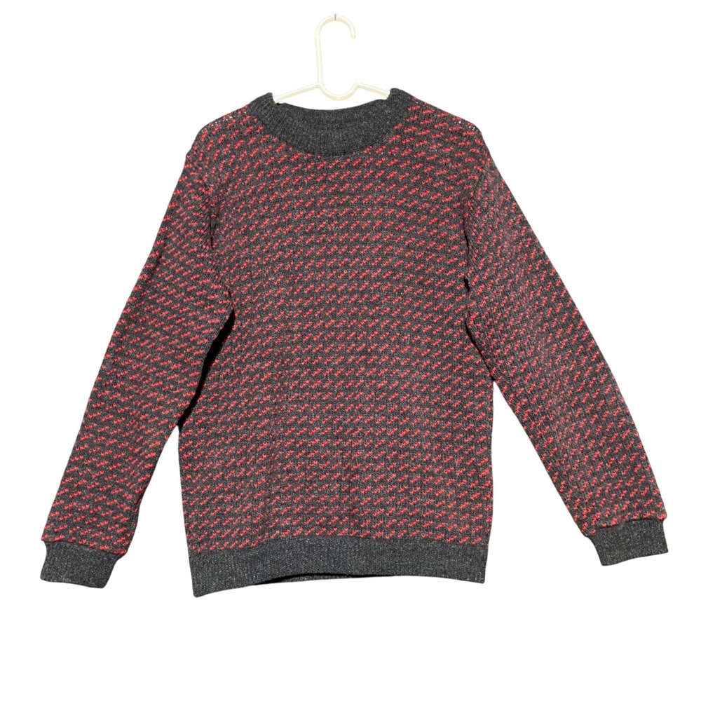 VTG LL Bean Birds Eye Knit Sweater Womens L Norway Red Gray Wool Blend Crew Neck